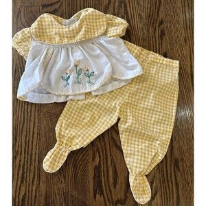 Vintage Infant Two Piece Outfit Yellow Gingham Embroidered Floral size NB 3 mth
